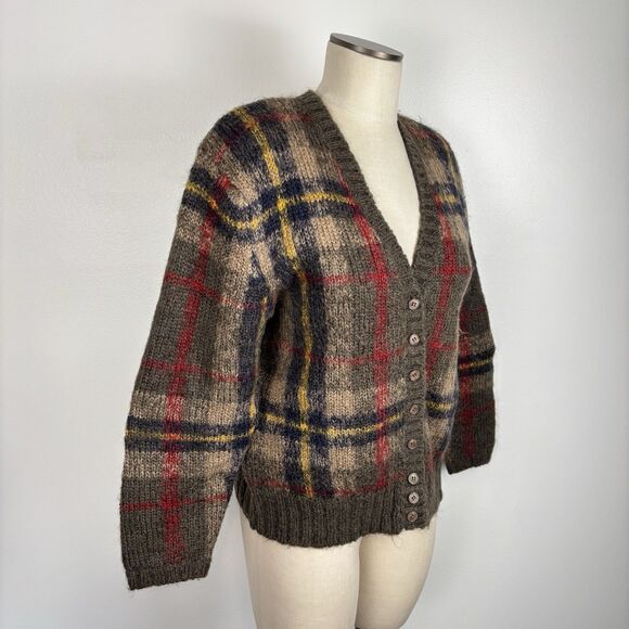 VTG 90s Evan Picone Mohair Blend V-neck Grandpa Sweater Cardigan Medium Plaid - Picture 1 of 10
